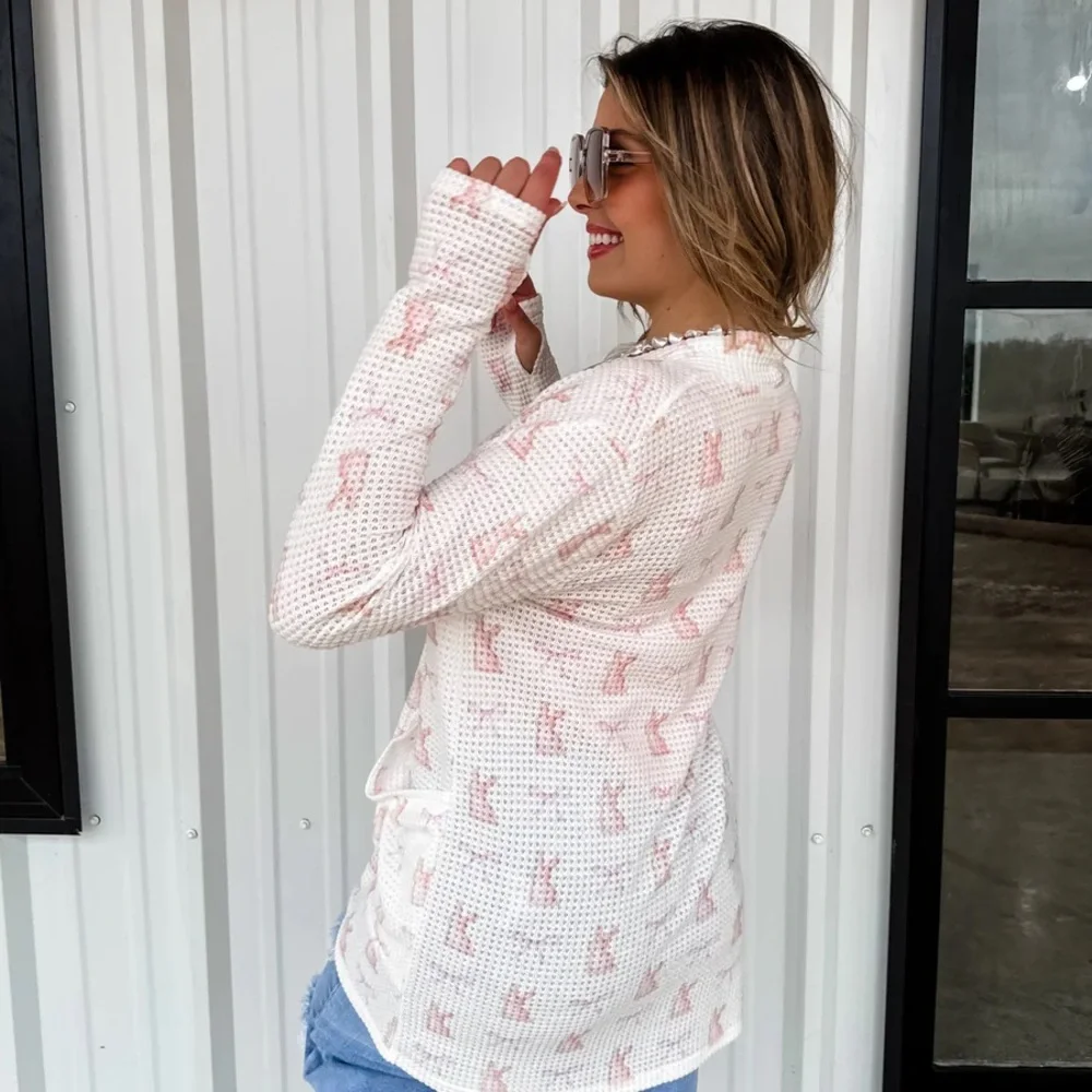The Lola Cardigan White and Pink Bunny Bow Print - Picture 3 of 4